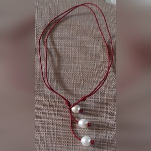 New Handmade 2-Way Dark Red Leather & White 3 Pearl Necklace